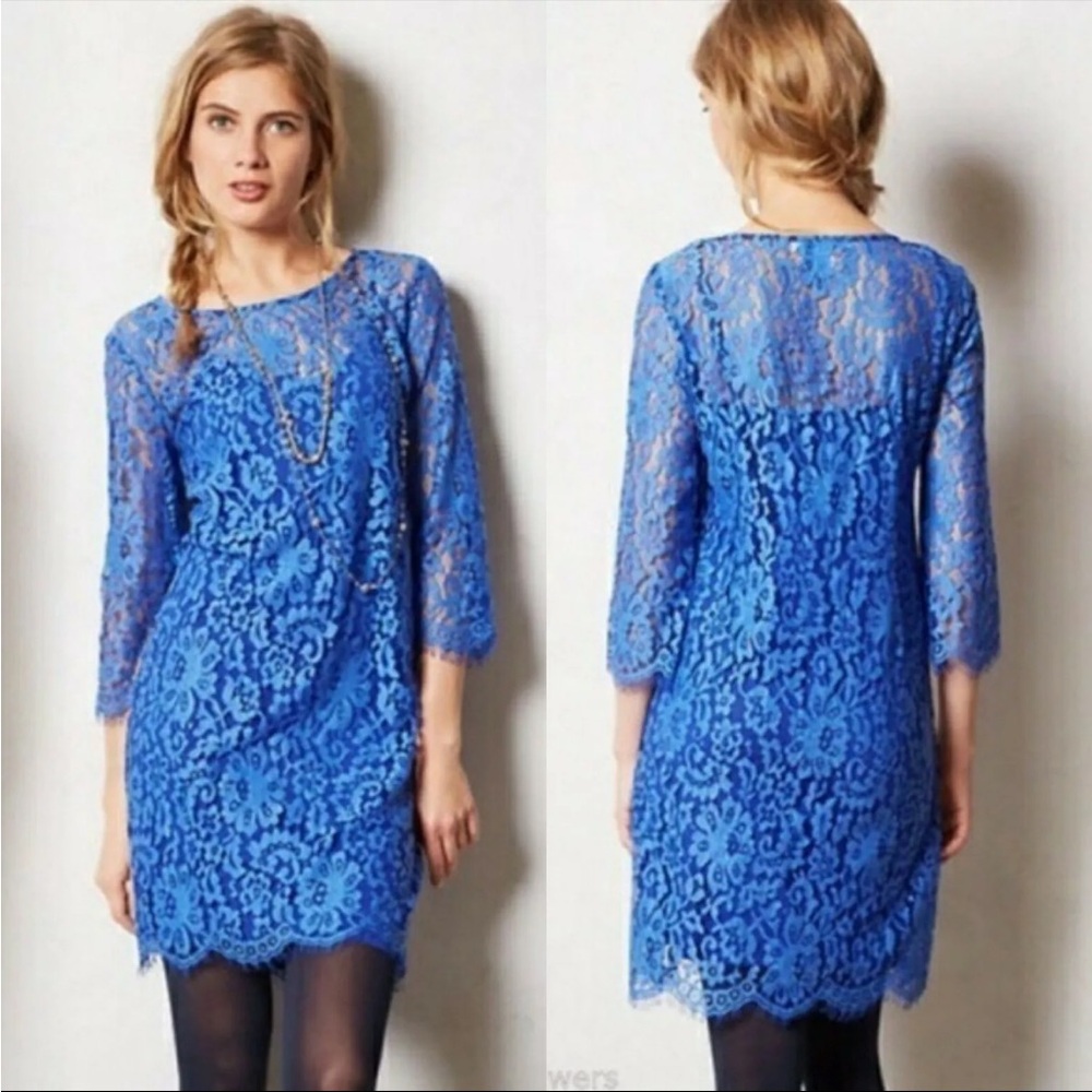 Anthropologie HD in Paris Overture Lace Dress Blue Shift Size Small